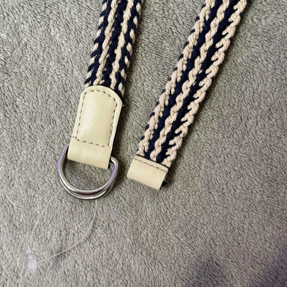 Womens Skinny Braided Rope Belt Size 12 D Ring Blue Cream Nautical Preppy BOHO